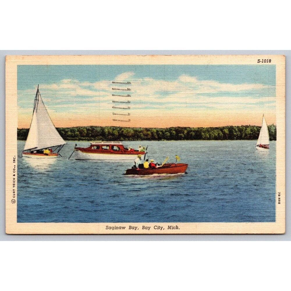 Vtg 1948 Saginaw Bay in Bay City MI Linen Postcard Boats Sailboats Curt Teich